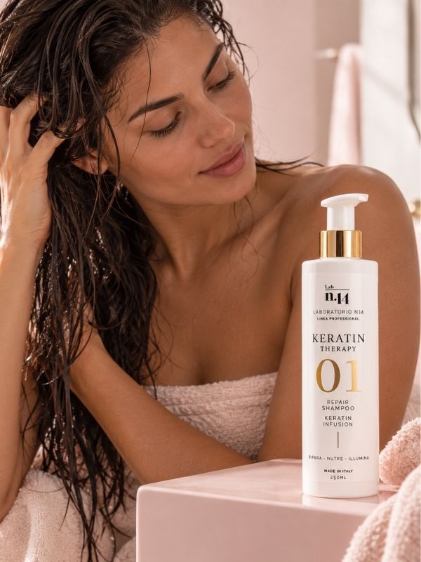Shampoo Keratin Therapy 01 Laboratorio N14 con donna dai capelli bagnati